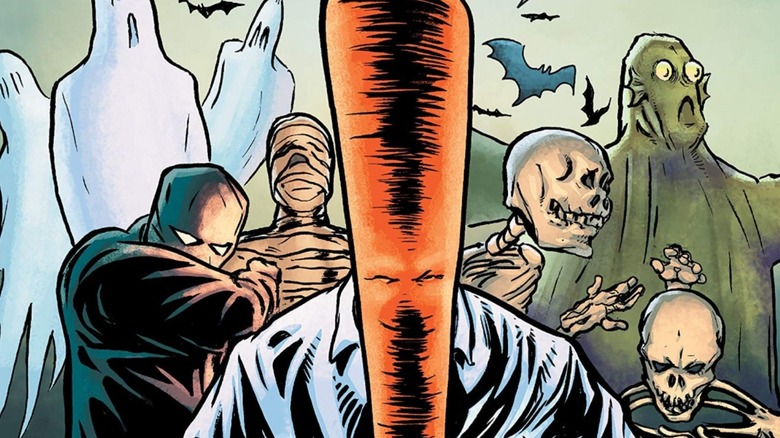 The Flaming Carrot stands before some creepy characters