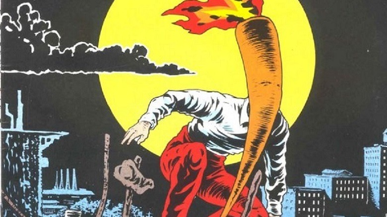 The Flaming Carrot broods on the top of a building