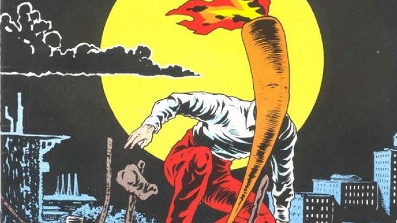 The Flaming Carrot broods on the top of a building