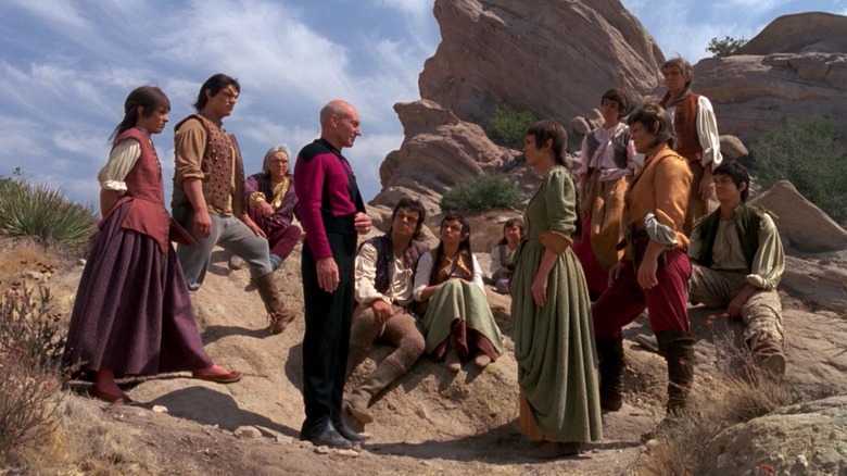 Picard and a bunch of Mintakans on a Vasquez Rocks-like planet on Star Trek: The Next Generation