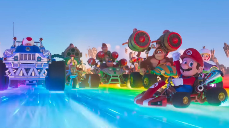 The cast of The Super Mario Bros. Movie on Rainbow Road