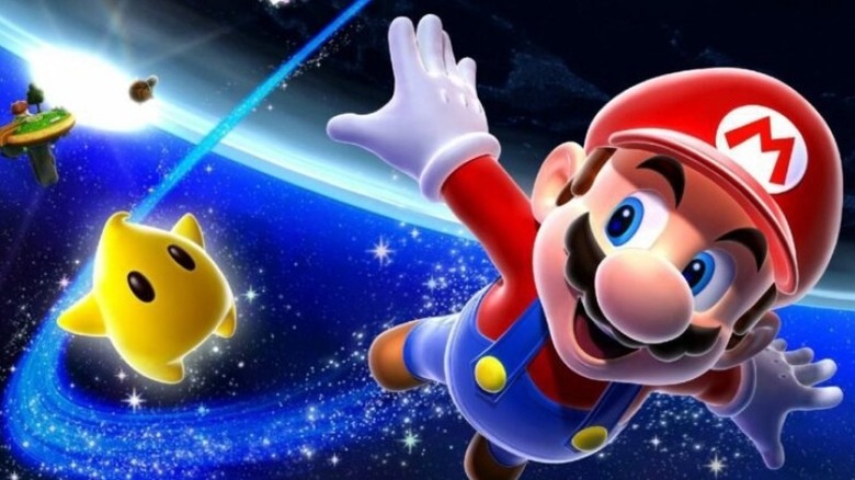 Mario and a Lumas flying through the cosmos in Super Mario Galaxy