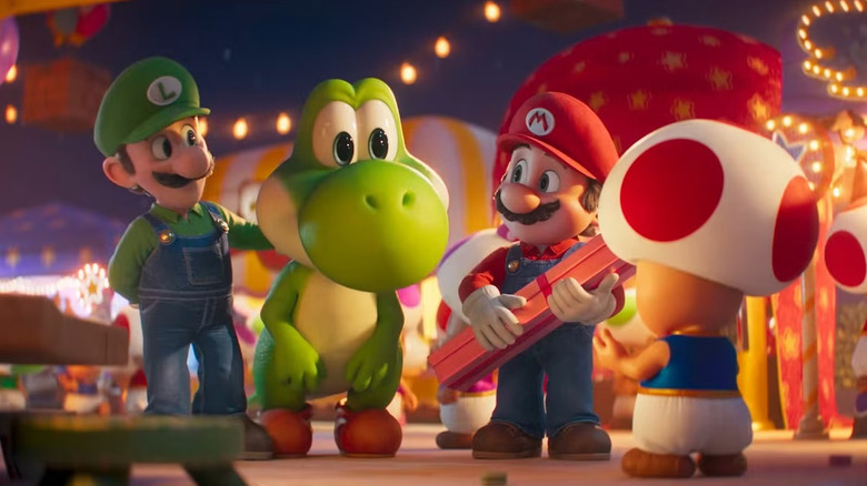Luigi, Yoshi, Mario, and Toad at Peach's party in The Super Mario Galaxy Movie
