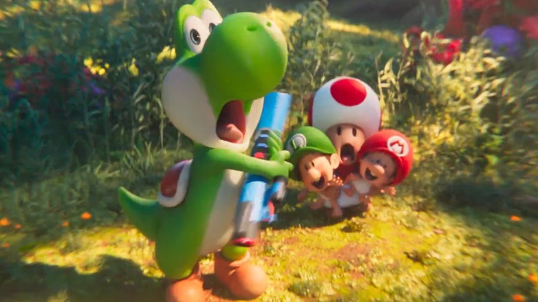Super Mario Galaxy Movie -- Yoshi, Toad, and Baby Mario & Baby Luigi screaming because of roaring T-Rex