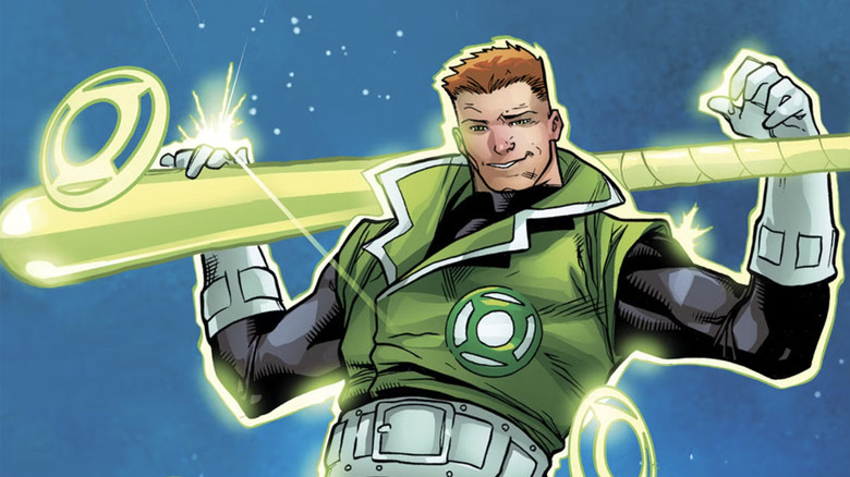 Guy Gardner segurando um taco de beisebol do Lanterna Verde no ar