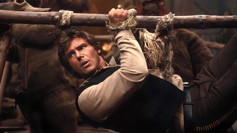 Han Solo tied to a plank of wood in Star Wars: Return of the Jedi