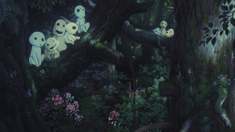 Woodland spirits sit in the trees in Princess Mononoke