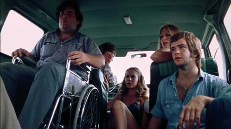 A group of young people ride a van through rural Texas in The Texas Chain Saw Massacre (1974)
