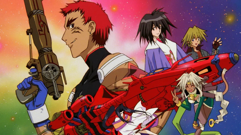Gene Starwind, Melfina, Jim Hawkings, Twilight Suzuka, and Aisha Clan-Clan in the Outlaw Star last shot