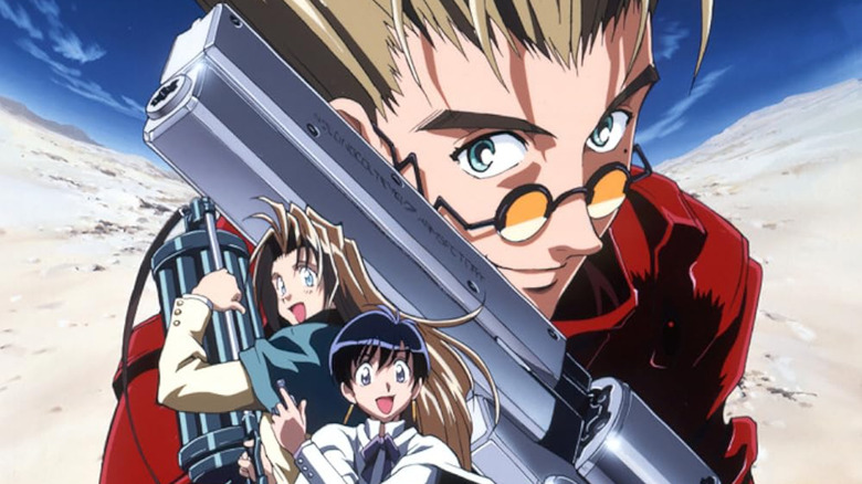 Trigun poster showing Vash the Stampede, Milly Thompson, and Meryl Stryfe