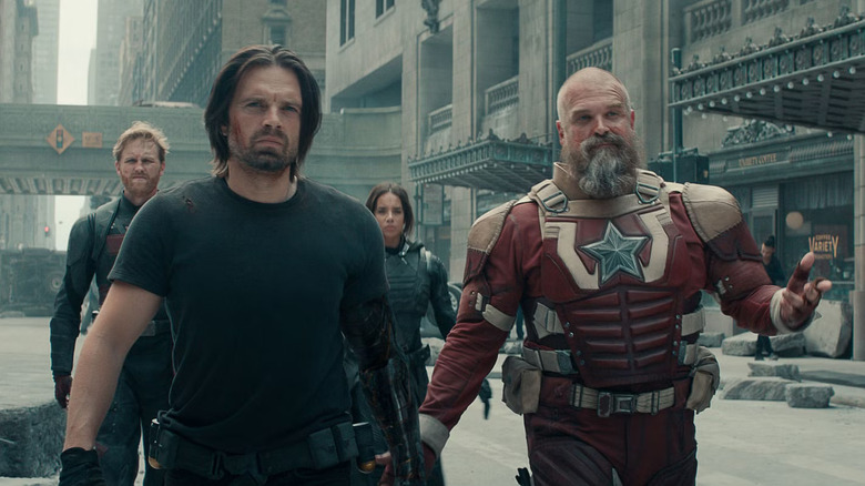 USAgent, the Winter Soldier, Ghost, and the Red Guradian on a street in New York in Thunderbolts*.