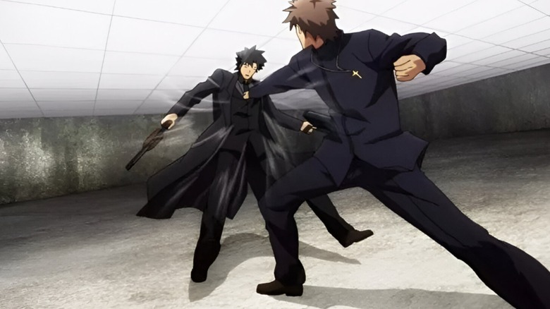 Kirei gears up to punch Kiritsugu during their fight in Fate/Zero