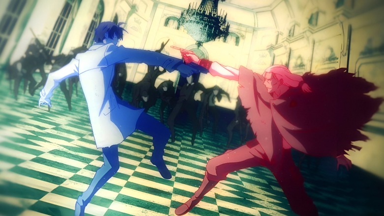 Andre Gide and Oda attack each other as their men watch in Bungo Stray Dogs