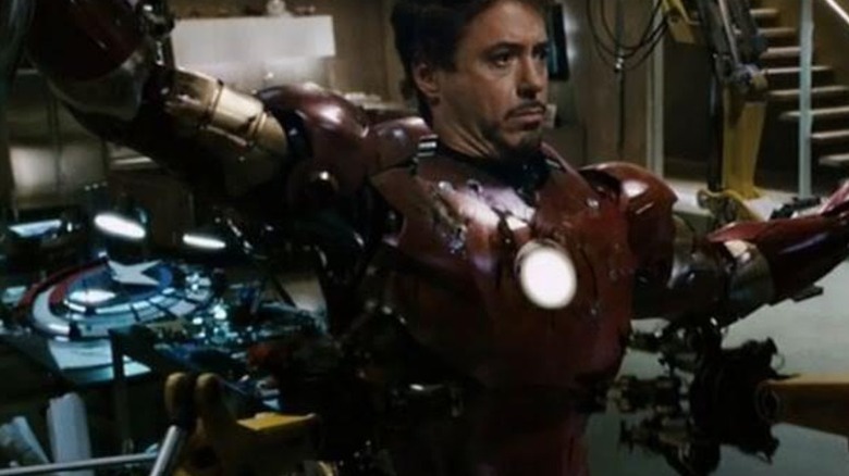 Cap's shield behind Tony in Iron Man 2
