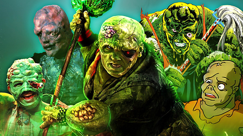 A collage of the Toxic Avenger (Peter Dinklage) in The Toxic Avenger (2023) surrounded by the Toxic Avenger (Mark Anderson) in The Toxic Avenger: The Musical, the Toxic Avenger (Mitch Cohen) in The Toxic Avenger (1984), the Toxic Avenger from Marvel Comics' Toxic Avenger comic book series, and the Toxic Avenger (Rodger Bumpass) in Toxic Crusaders