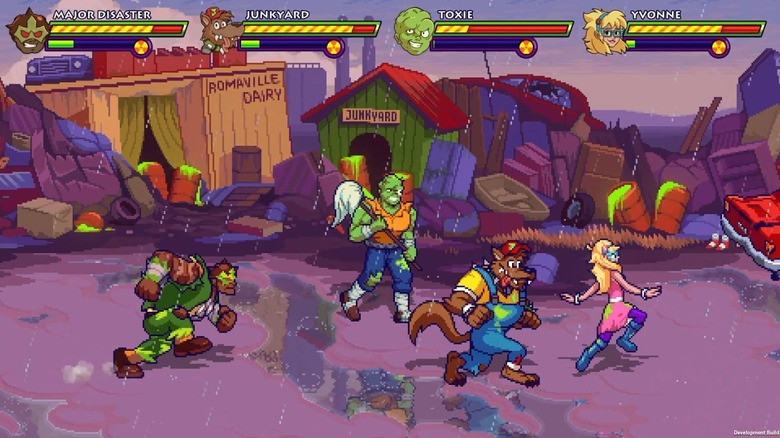 The Toxic Avenger and his friends walk through a junkyard in Toxic Crusaders (2025)