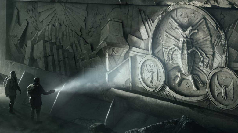 Characters shine a flashlight on otherworldly stone carvings in a cavern in artwork from Francois Baranger's illustrated version of At the Mountains of Madness