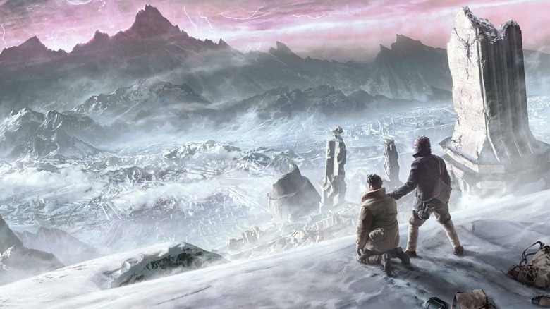 Characters look out over Antarctica in artwork from Francois Baranger's illustrated version of At the Mountains of Madness