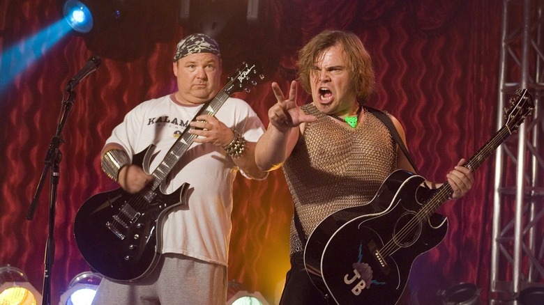 KG and JB in their metal outfits, performing on stage in Tenacious D in the Pick of Destiny.