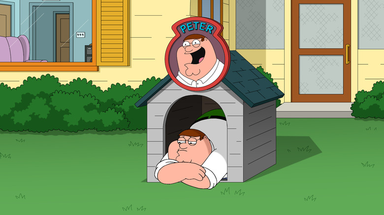 Peter Griffin mora dentro da casa do cachorro que descreve sua espécie acima 