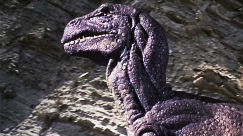 Gwangi the Allosaurus is seen in closeup in The Valley of Gwangi