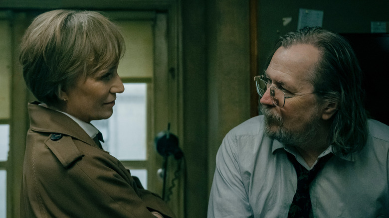 Kristin Scott Thomas as Taverner talking to Gary Oldman as Jackson Lamb in Slow Horses season 5