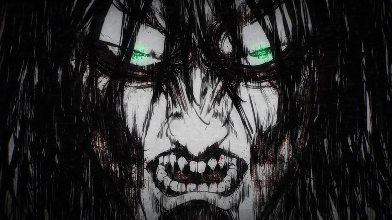 Attack on Titan close-up of Eren's Titan face announcing the rumbling