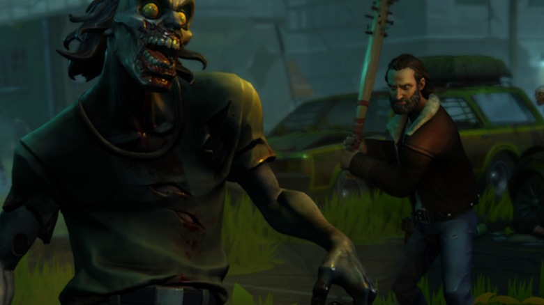Rick Grimes creeping up on a Walker in the abomination that is The Walking Dead: Empires