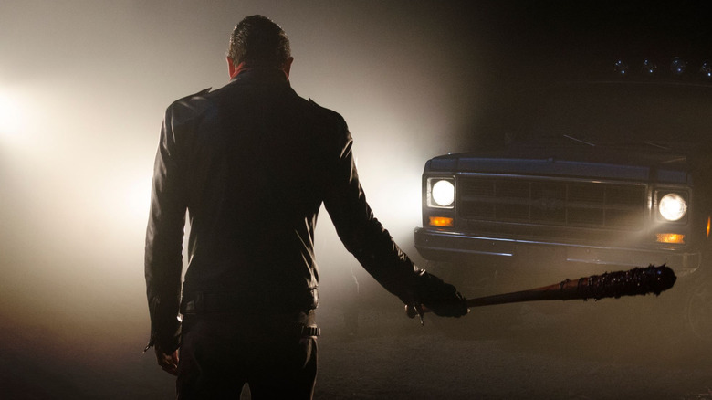 Jeffrey Dean Morgan's Negan getting ready to smash in the head of Steven Yeun's Glenn in The Walking Dead episode The Day Will Come When You Won't Be