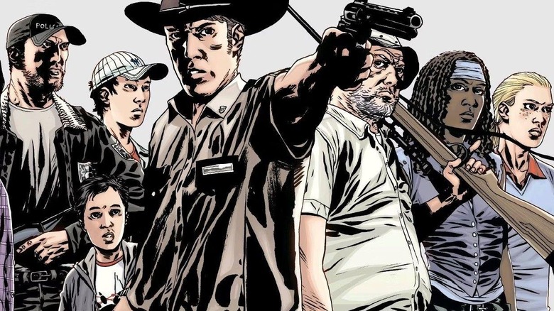 The Walking Dead comic initial main cast line-up: Shane, Carl, Glenn, Rick, Dale, Michonne, and Andrea