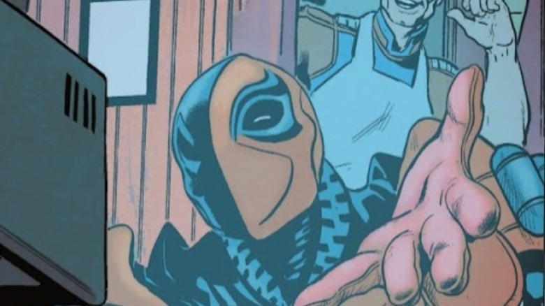 Teen Deathstroke gestures toward the TV as Peacemaker smiles in the background