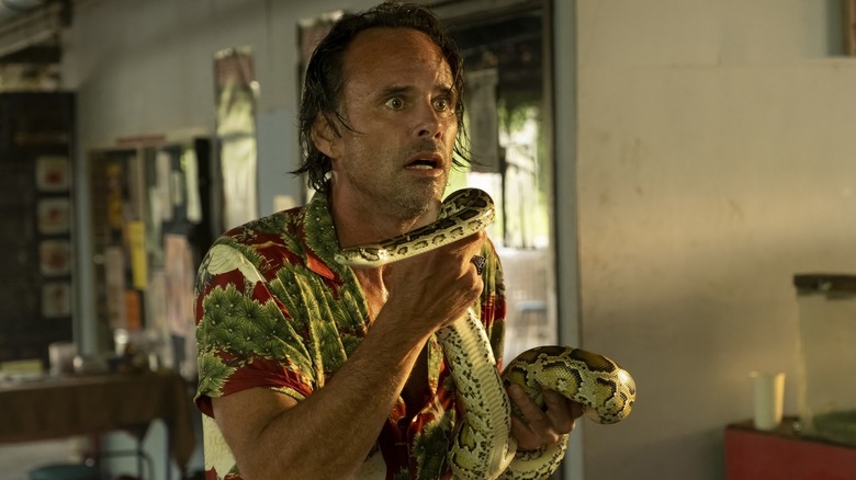 Rick high and holding a snake on The White Lotus