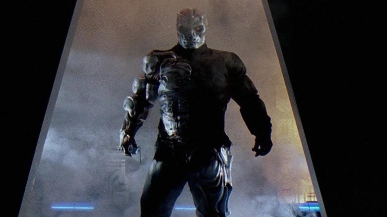 Jason Voorhees walking through a foggy doorway in Jason X