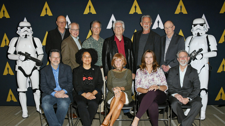 Denis Muren, Ben Burtt, Bruce Nicholson, Richard Edlund, John Dykstra, Harrison Ellenshaw Front Row (L-R) John Knoll, Kiri Hart, Marcia Lucas, Rachel Rose and Bill George attend The Academy Of Motion Picture Arts And Sciences Hosts Galactic Innovations: Star Wars And Rogue One Photo Call at Samuel Goldwyn Theater on June 27, 2019 in Beverly Hills, California.