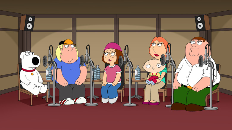 Brian, Chris, Meg, Stewie, Lois, and Peter recording audio commentary in the Family Guy episode You Can't Handle the Booth