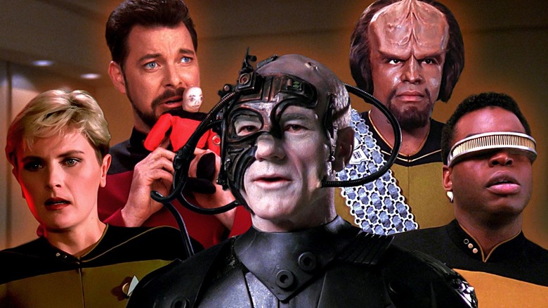 Patrick Stewart as the Borg Locutus, Jonathan Frakes as Riker (holding a Captain's Day doll), LeVar Burton as La Forge, Denise Crosby as Tasha Yar, Michael Dorn as Worf