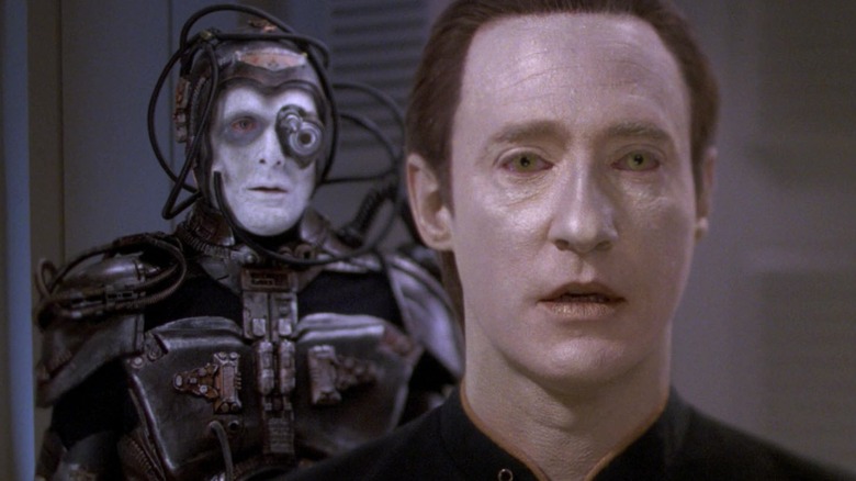 Data (Brent Spiner) flanked by a Borg in Star Trek The Next Generation's The Descent