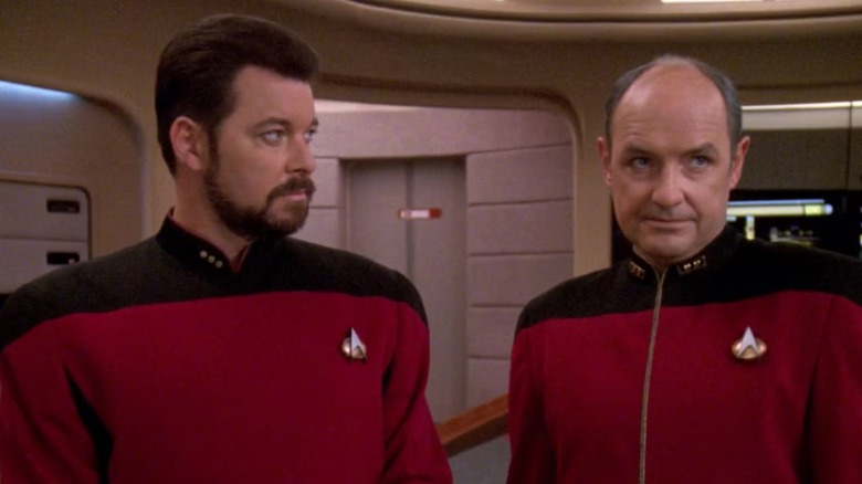 Frakes as Riker and Terry O'Quinn as Pressman in Star Trek The Next Generation's The Pegasus