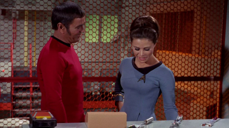 James Doohan as Scotty and Jan Shutan as Mira Romaine on Star Trek