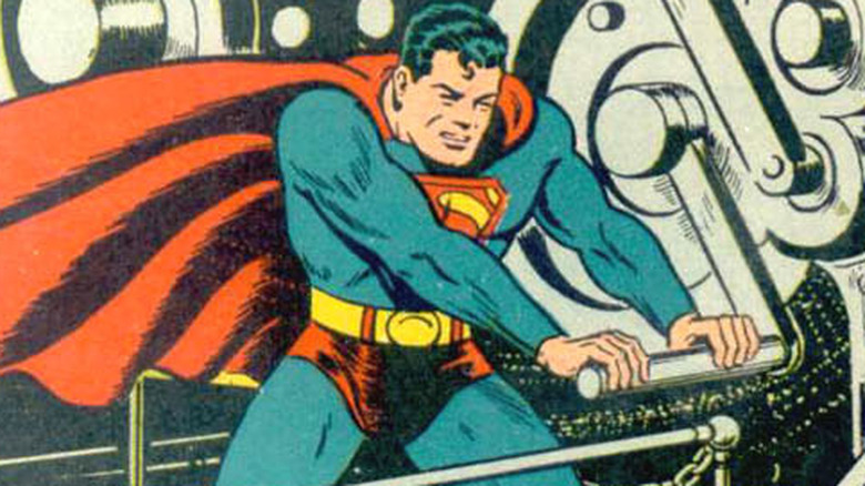 Superman operating a printing press
