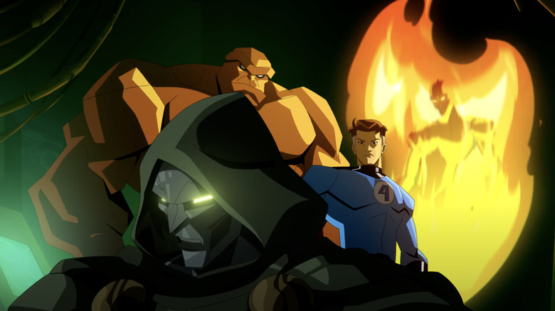 Doctor Doom with Reed Richards, Human Torch, and The Thing standing behind him