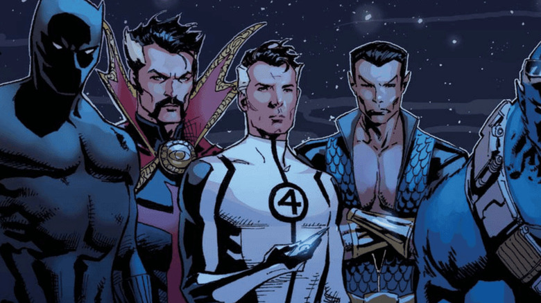 Reed Richards with Black Panther, Doctor Strange, Namor, and Beast