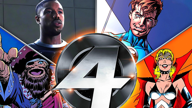 The Thing as a pirate, Michael B. Jordan as Johnny Storm, Ultimate Reed Richards, and Sue Storm as Malice in a composite image with a Fantastic Four logo