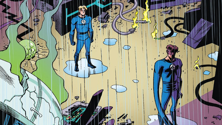 Reed Richards and Johnny Storm stand in a destroyed lab