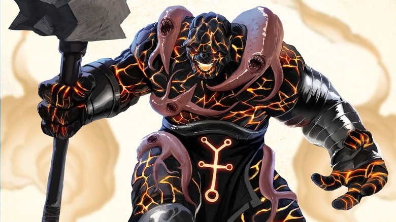 The Thing covered in squid creatures, wielding a hammer