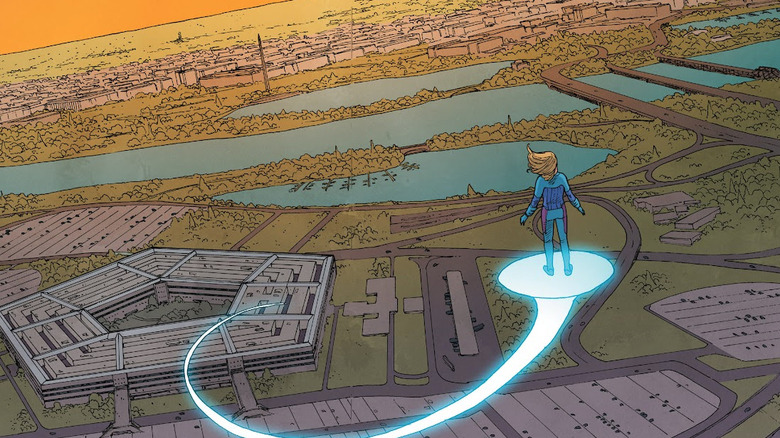 Sue Storm hovers above the Pentagon