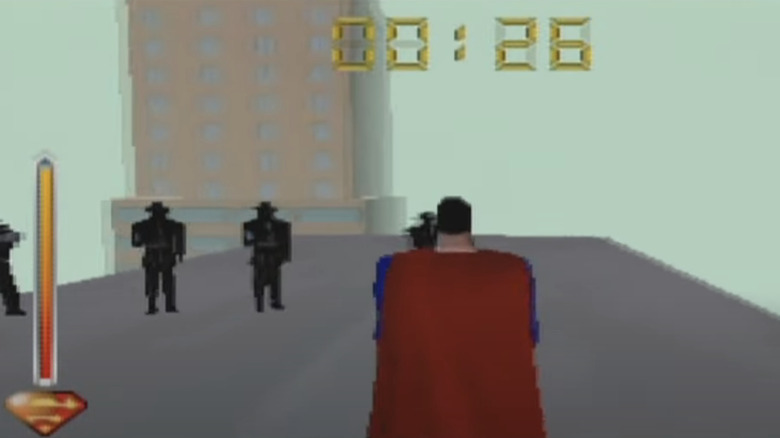 Superman stands in front of enemies on a rooftop in the video game Superman: The New Superman Adventures