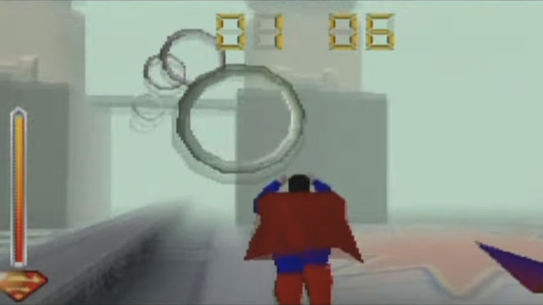 Superman flies through rings in Metropolis in the video game Superman: The New Superman Adventures