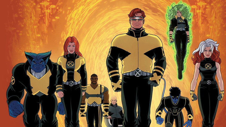 X-Men '97 poster showing X-Corp: Beast, Jean Grey, Bishop, Professor X, Cyclops, Nightcrawler, Polaris, and Rogue