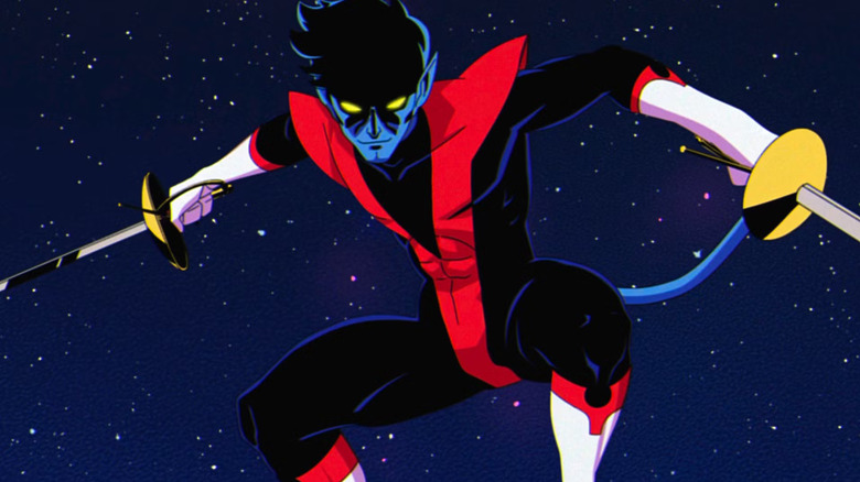 Nightcrawler, mid-air, holding swords in X-Men '97 title sequence